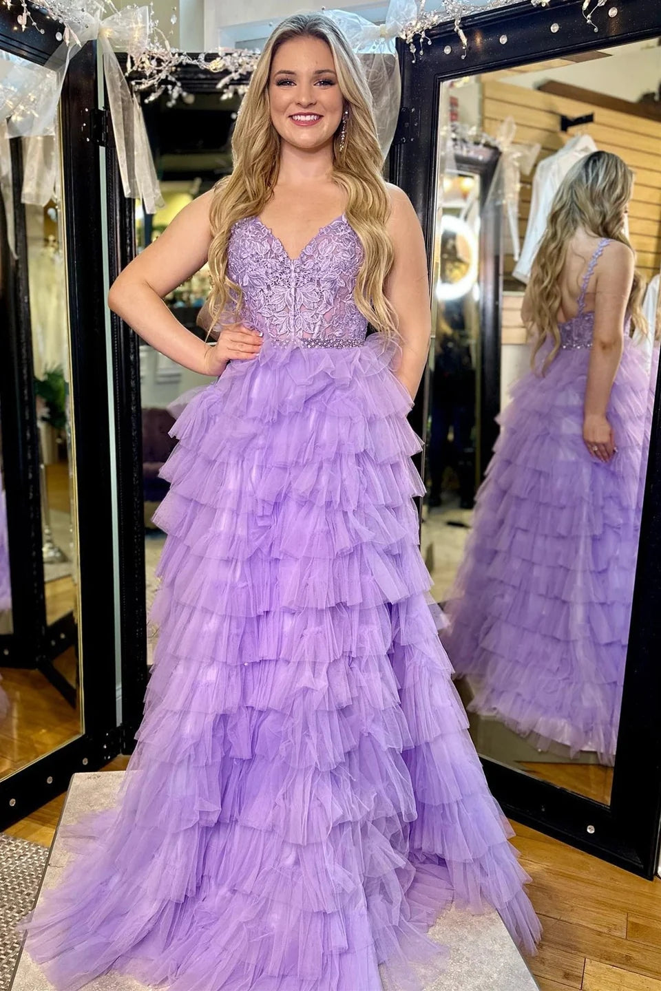 Marissa | Lavender Long Prom Dress with V-Neck, Ruffle Tiered Design, and Appliques