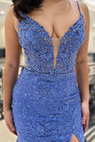 Seraphina | Charming Mermaid V-Neck Blue Lace Long Prom Dress with Beading