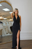 Charming Sheath Cowl Neck Black Chiffon Long Prom Dresses with Slit AB24110105