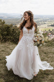 Elysia | Fairy A-Line V-Neck Tulle Long Wedding Dress with Appliques