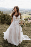 Elysia | Fairy A-Line V-Neck Tulle Long Wedding Dress with Appliques