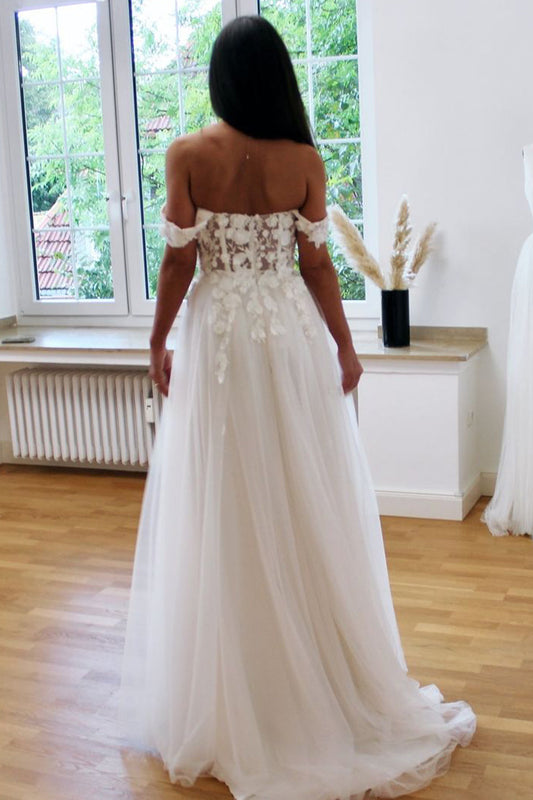 Elysia | Fairy A-Line Off-the-Shoulder Tulle Long Wedding Dress with Appliques