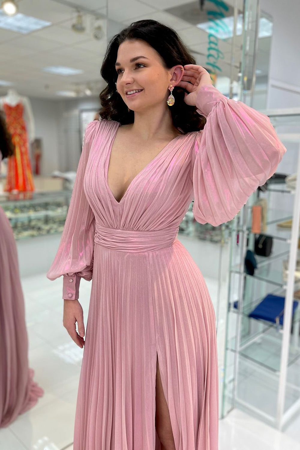 Charming A Line V Neck Chiffon Long Sleeves Wedding Guest Dress