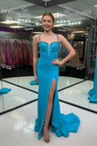 Azure | Cute Mermaid Sweetheart Blue Satin Long Prom Dress with Beading