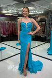 Azure | Cute Mermaid Sweetheart Blue Satin Long Prom Dress with Beading