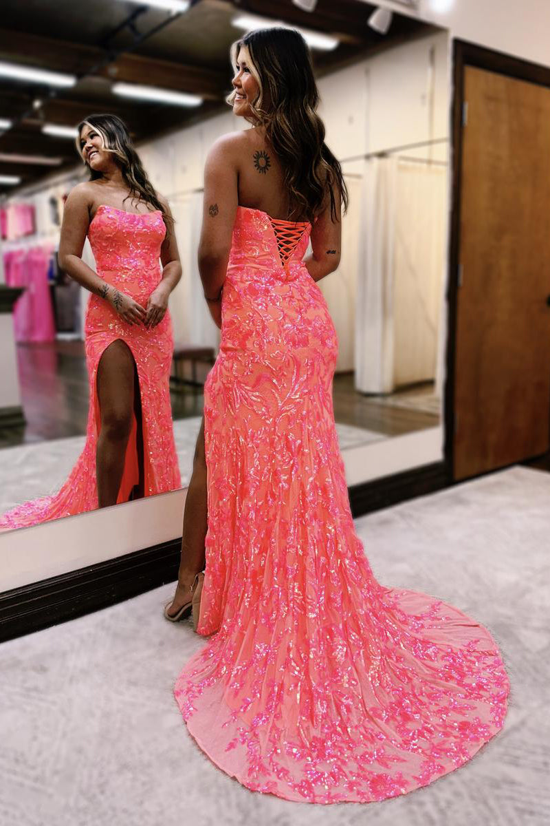 Fuchsia Strapless Sequin Lace Mermaid Prom Dress with Slit