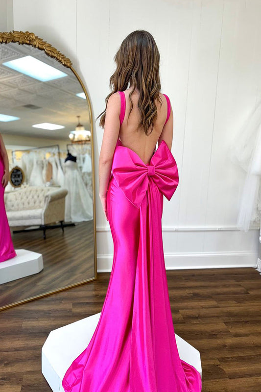 Diana | Charming Mermaid Cowl Neck Pink Satin Prom Dress with Bow