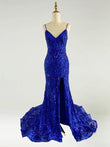 Celeste | Elegant Sapphire Blue Mermaid Stretch Satin Illusion Neck Prom Dress with Appliques JB120302