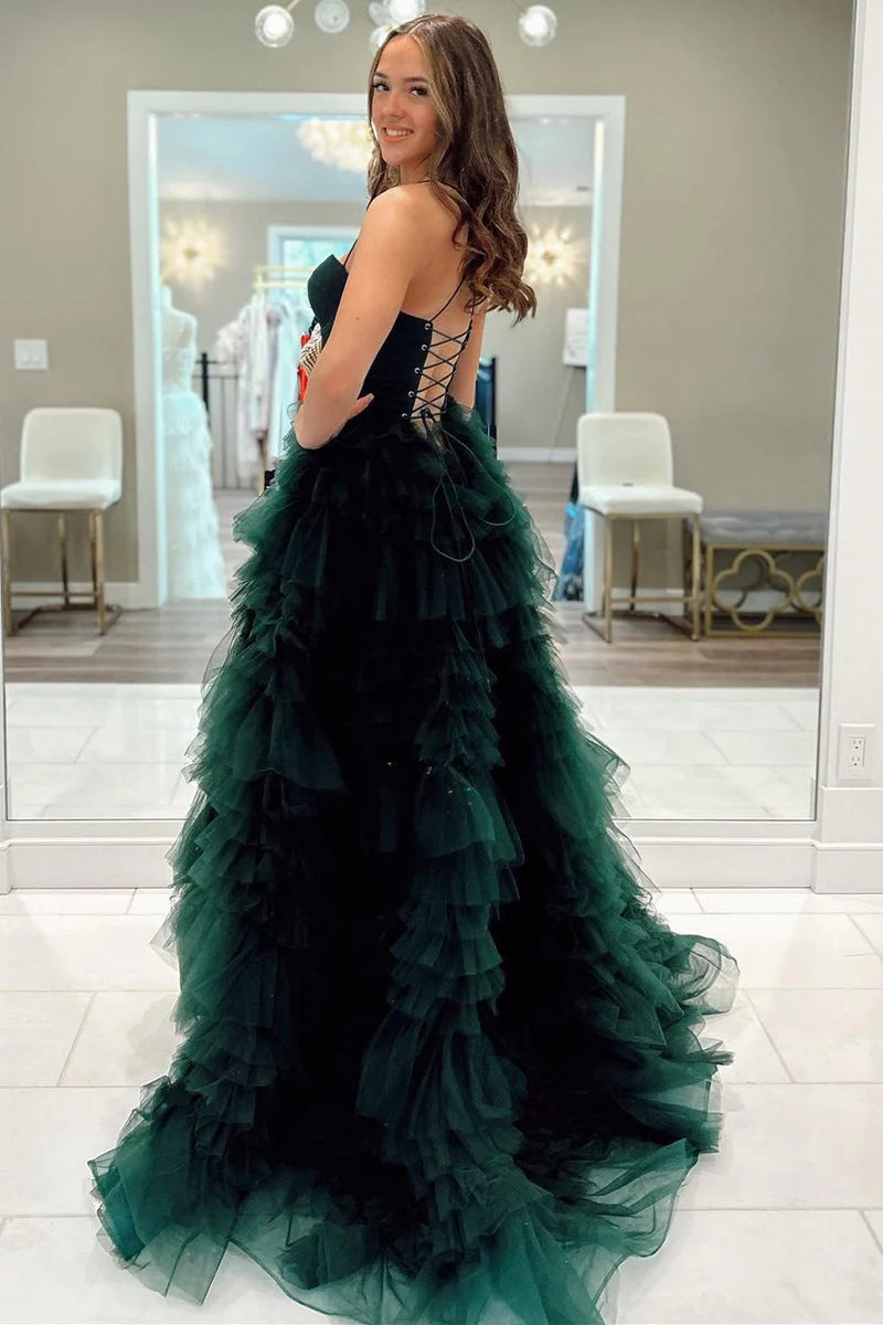 Cute Dark Green Tulle Ball Gown Prom Dress with Sweetheart Neckline and Slit