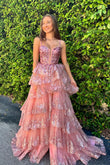 Cute A Line V Neck Blush Sequins Long Prom Dresses with Appliques