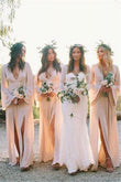 Boho Mermaid Deep V Neck Long Sleeves Light Bridesmaid Dresses