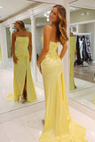 Serena | Charming Mermaid Strapless Yellow Elastic Satin Long Prom Dress with Slit