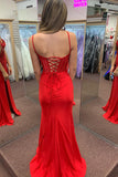 Ruby | Cute Mermaid Straps Red Satin Long Prom Dress with Slit