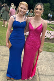 Serena | Charming Mermaid V-Neck Fuchsia Sequin Long Prom Evening Dress with Slit