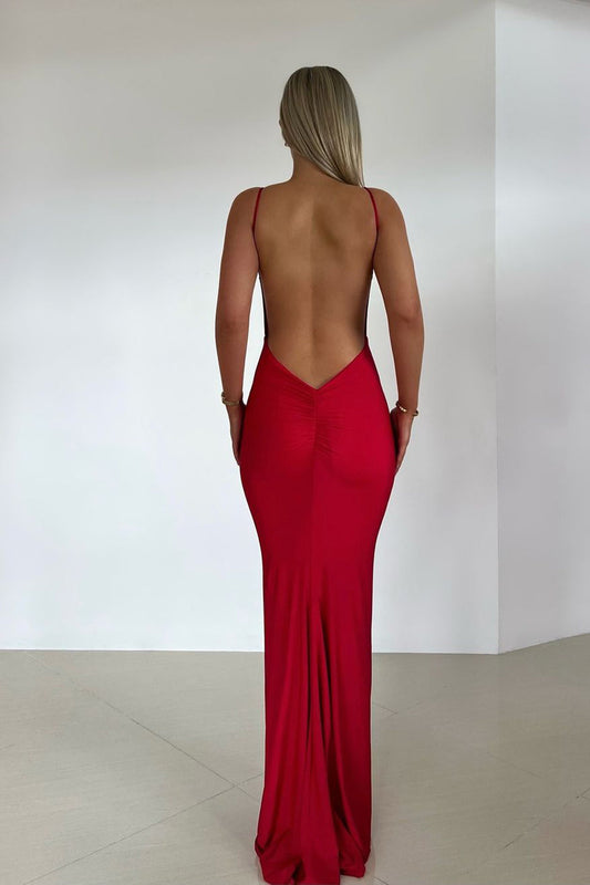 Elegant Mermaid V-Neck Red Elastic Satin Long Prom Dress