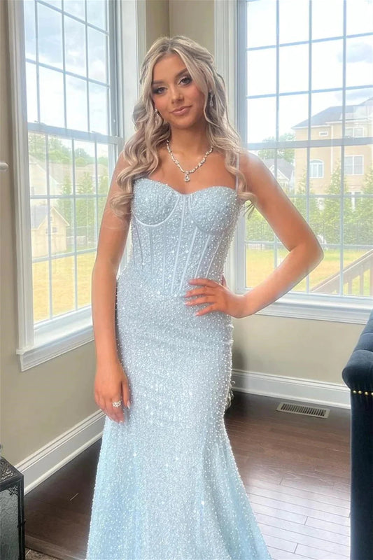 Isla | Elegant Light Blue Mermaid Satin Spaghetti Straps Illusion Neck Prom Dress with Beadings JB120325