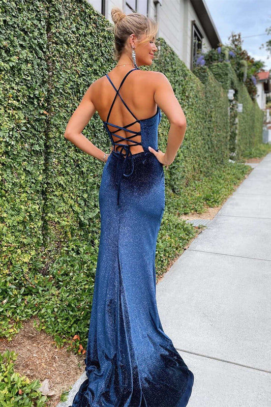 Charming Mermaid Lllusion Navy Blue Velvet Corset Long Formal Prom Dress with Slit