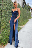 Charming Mermaid Lllusion Navy Blue Velvet Corset Long Formal Prom Dress with Slit