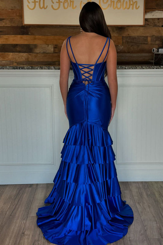 Charming Mermaid V-Neck Royal Blue Tiered Satin Long Prom Dress with Slit