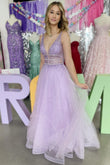 Cuet A Line Lavender Tulle V Neck Beaded Prom Dresses with Slit