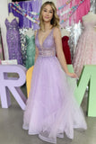 Cuet A Line Lavender Tulle V Neck Beaded Prom Dresses with Slit