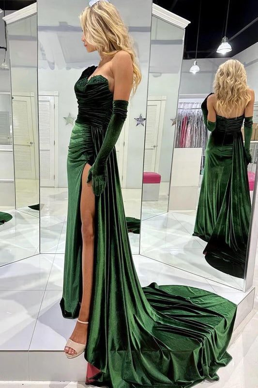 Charming Mermaid Sweetheart Velvet Olive Green Long Prom Dress with Attached Train