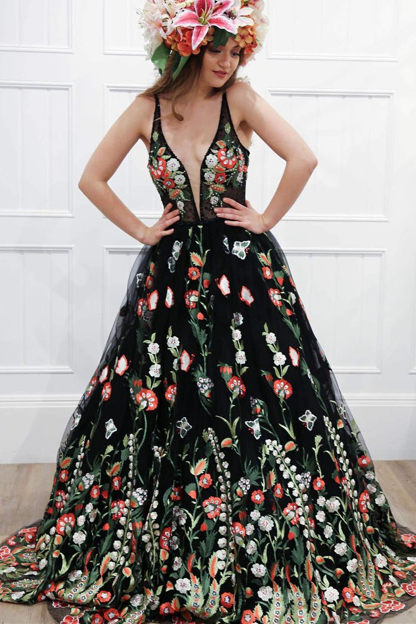 Harlee | Elegant Black A-Line Prom Dress with Floral Embroidery