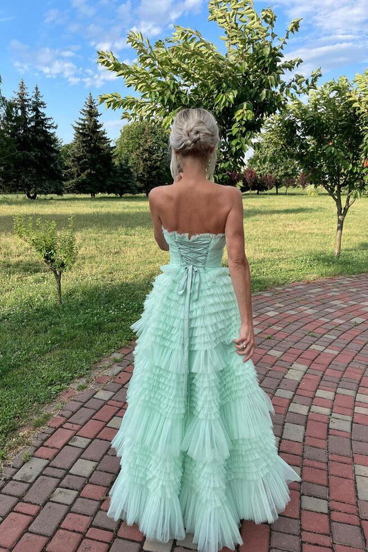 Cute A Line Strapless Mint Tulle Tiered Ruffles Prom Dress