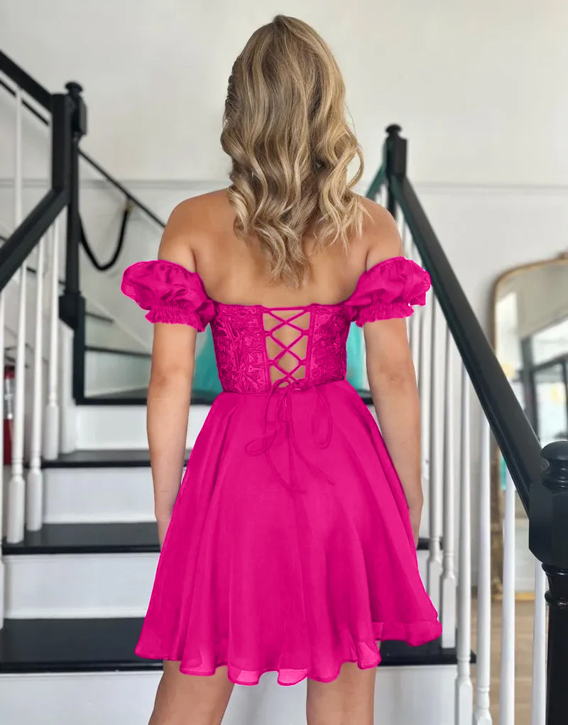 Lavinia | Off-the-Shoulder Lace A-Line Homecoming Dress with Appliques