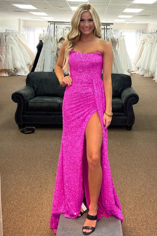 Fuchsia Strapless Sequin Mermaid Long Prom Dress with Lace-Up Back and Slit