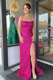 Fuchsia Strapless Sequins Long Prom Dress with Slit