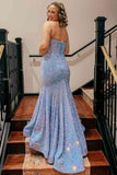 Romantic Sweetheart Mermaid Light Blue Sequin Long Prom Dress