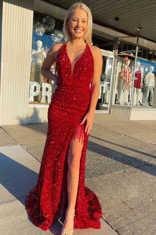 Mermaid Red Halter Sequins Long Prom Dress with Tassel