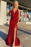 Mermaid Red Halter Sequins Long Prom Dress with Tassel