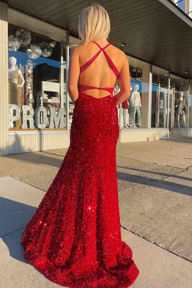 Mermaid Red Halter Sequins Long Prom Dress with Tassel