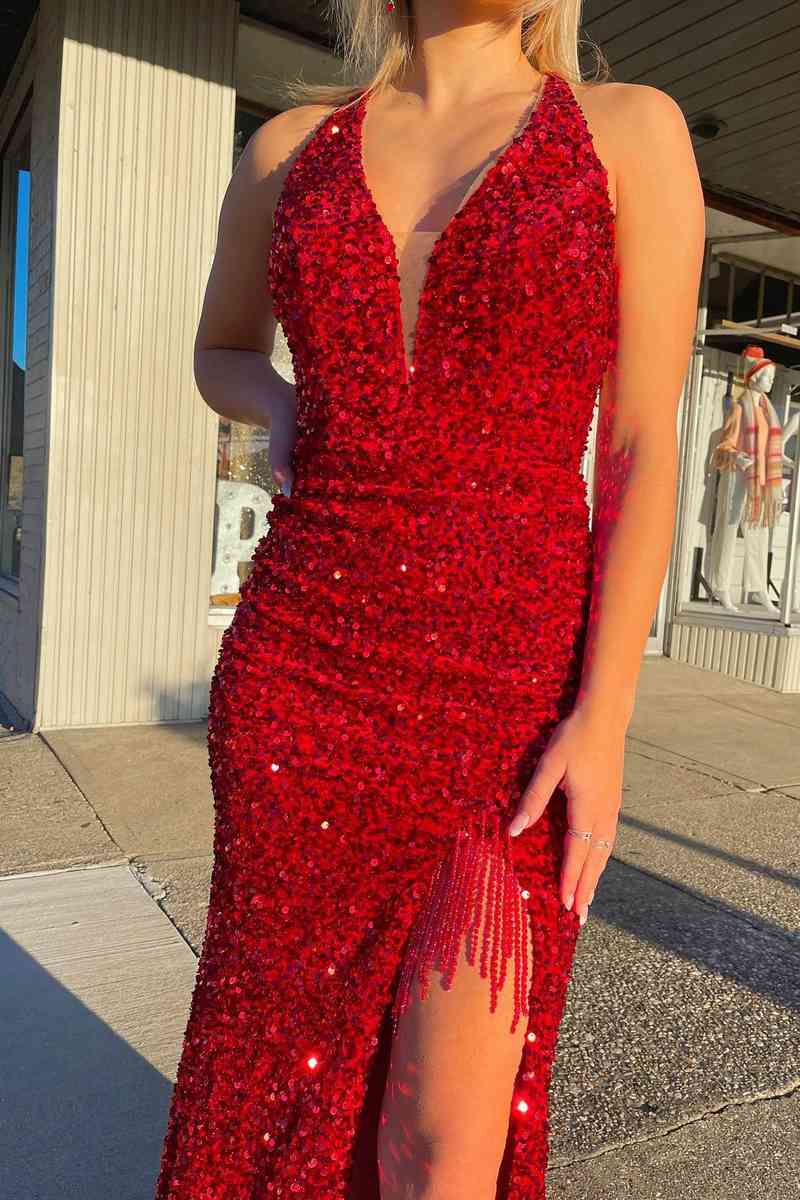 Mermaid Red Halter Sequins Long Prom Dress with Tassel