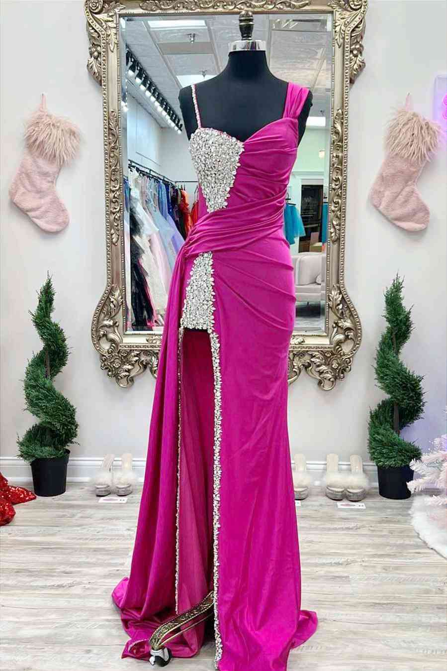 Kaydence | Chic Fuchsia Asymmetrical Beaded Long Prom Dress