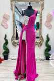 Kaydence | Chic Fuchsia Asymmetrical Beaded Long Prom Dress