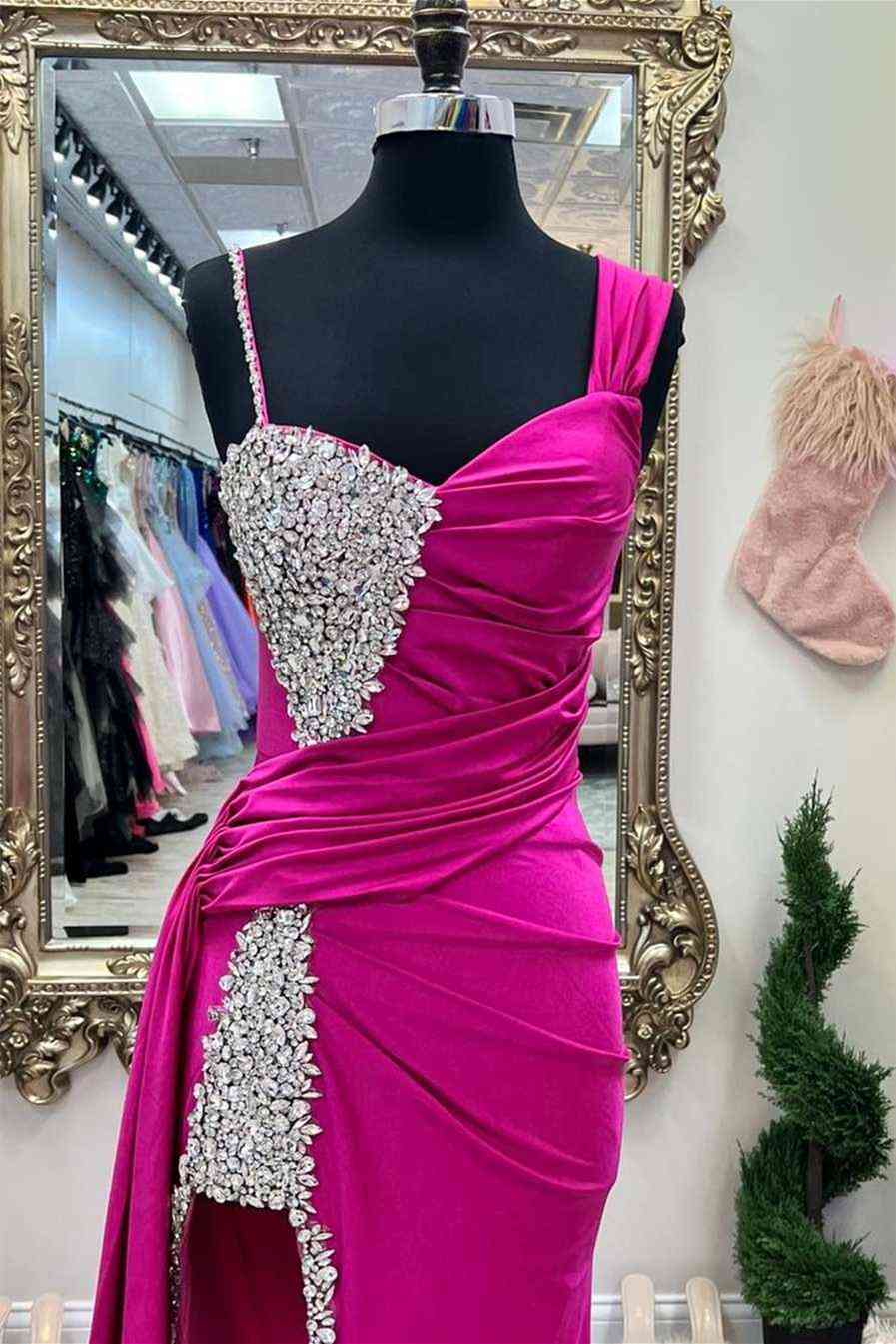 Kaydence | Chic Fuchsia Asymmetrical Beaded Long Prom Dress