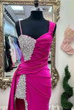 Kaydence | Chic Fuchsia Asymmetrical Beaded Long Prom Dress