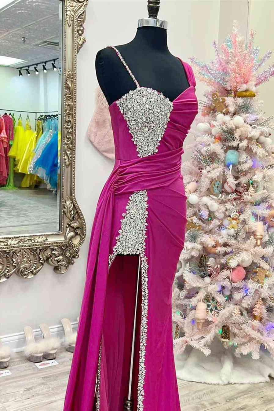 Kaydence | Chic Fuchsia Asymmetrical Beaded Long Prom Dress