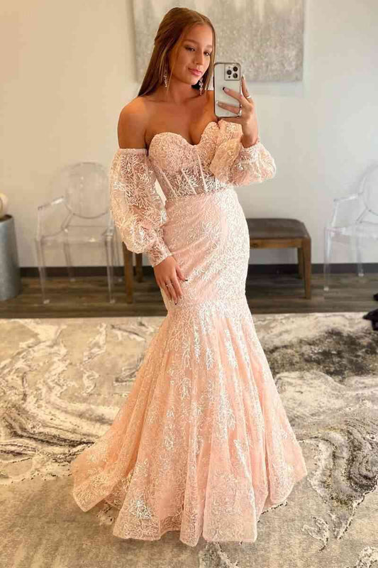 Romantic Peach Sweetheart Sheer Lace Corset Mermaid Prom Dress