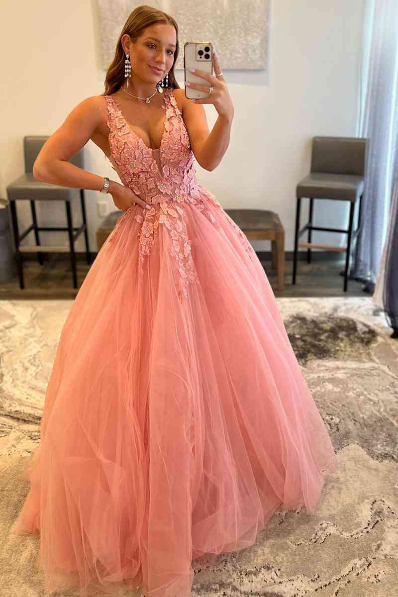 Marigold | Elegant A-Line V-Neck Tulle Prom Dress with Floral Appliques