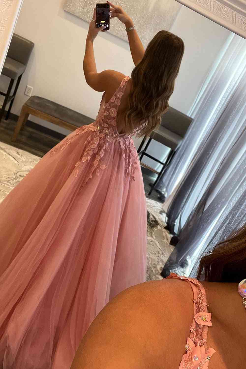 Marigold | Elegant A-Line V-Neck Tulle Prom Dress with Floral Appliques