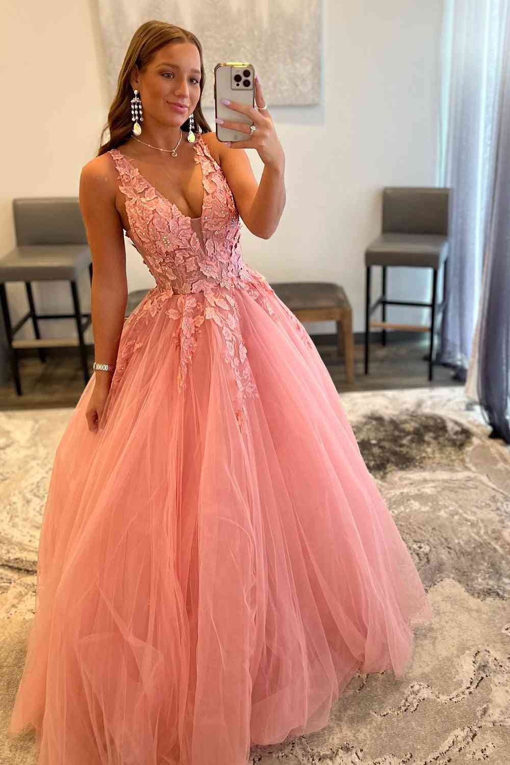 Marigold | Elegant A-Line V-Neck Tulle Prom Dress with Floral Appliques