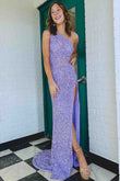 Saoirse | Lilac Mermaid Long Prom Dress with One-Shoulder Cut-Out Design, Sequins, and Slit