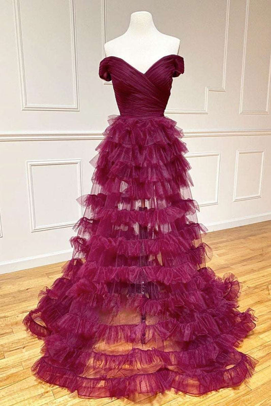 Fallon | Off the Shoulder Dark Berry Pleated Sheer Tiered Prom Dress