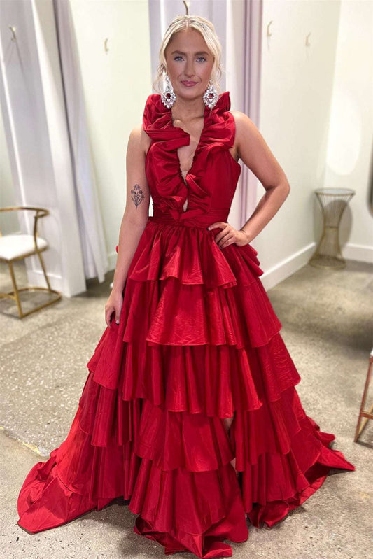 Flora | Radiant Halter Red Ruffle Tiered A-Line Prom Dress