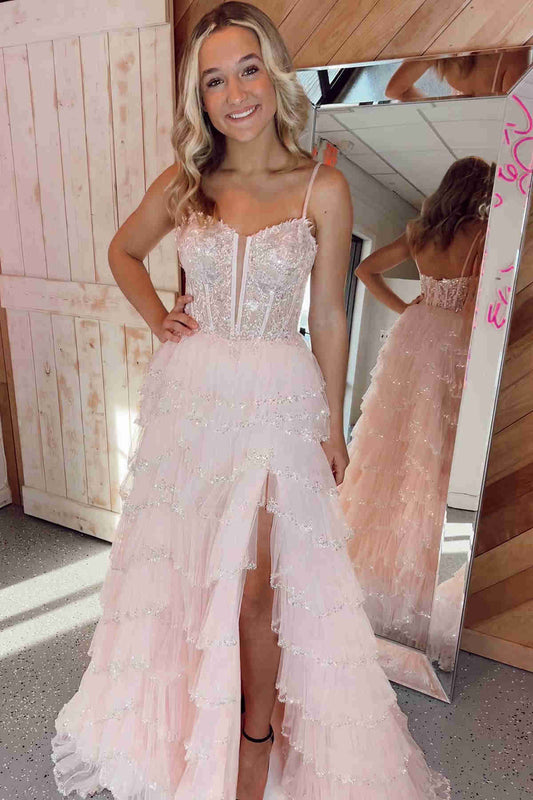 Liana | Gorgeous A-Line Straps Blush Pink Cutout Sequined Layered Long Prom Dress