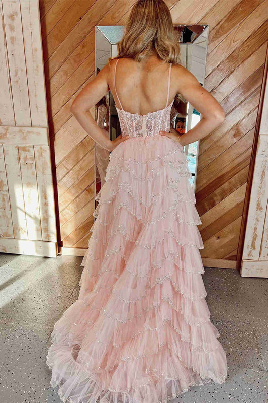 Liana | Gorgeous A-Line Straps Blush Pink Cutout Sequined Layered Long Prom Dress